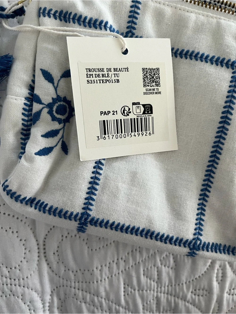 Sezane white and blue embroidery zip makeup bag